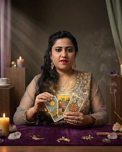 Charu Chokshi seated at a candlelit table, laying out tarot cards